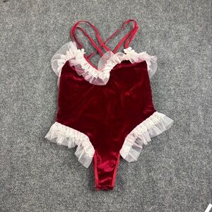 Red Velour Strappy Lingerie Bodysuit Santa Bunny Christmas White lace sz: Medium